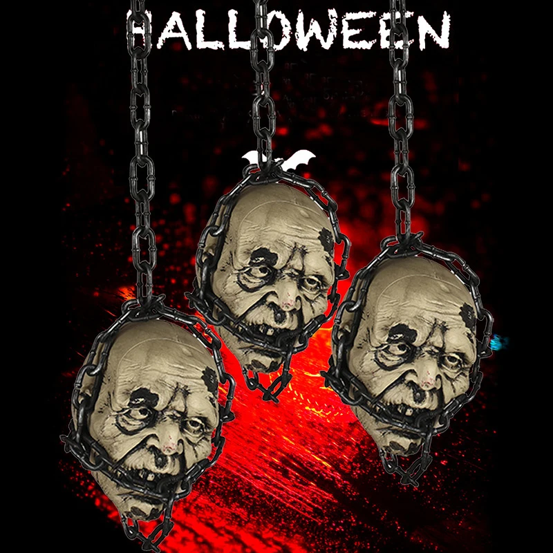 

Nordic Plastic Chain Tied With Skull Head Statue Halloween Decoration Horror House Bar Spoof Scary Prop Terror Party Home Decor