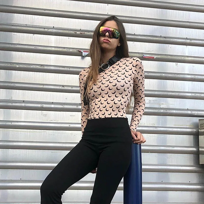 

Autumn Winter Sexy Long Sleeve O Neck Crescent Moon Women 2019 High Street Designer Bodysuit Beach For Women