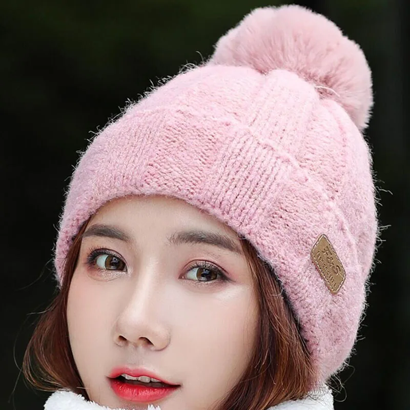 SUOGRY Hot Selling 2pcs Ski Cap And Scarf Cold Warm Leather Winter Hat for Women Knitted Hat Bonnet Warm Cap Skullies Beanies - Цвет: Hat pink