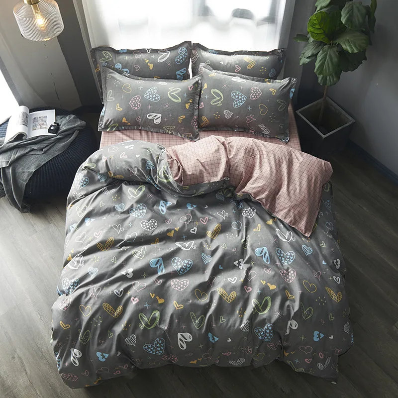 

Home textile AB side bedding set grey geometric bedding housse de couett kid bed linen set blue bedclothes duvet cover set sheet