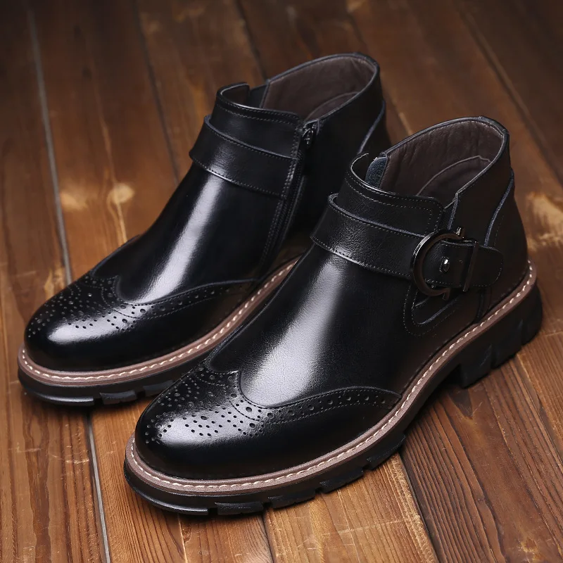 Winter Fleece Men's Brogue Boots Cow Genuine Leather Men Shoes Fashion Motorcycle Boots Man Comfortable Ankle Boots Casual Shoes
