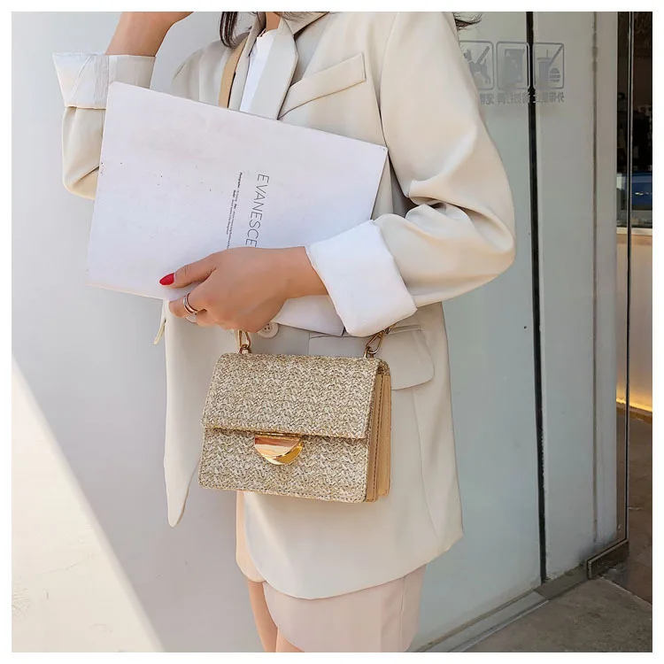 

Ins with straw beach bag 2019 summer leisure shoulder diagonal small square broadband fashion Korean version