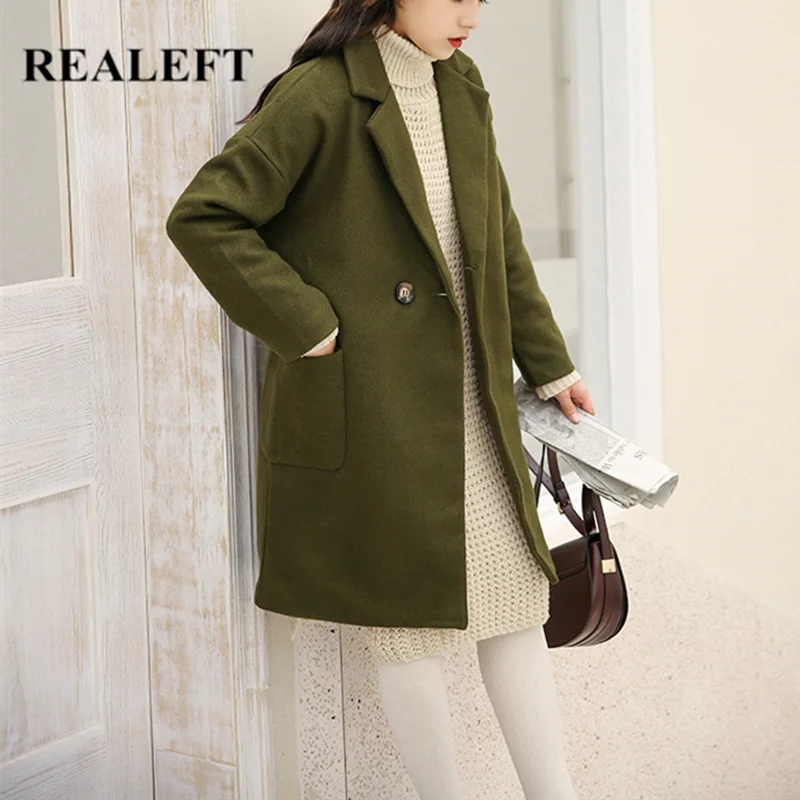 

REALEFT Autumn Winter Women Elegant Woolen Coats Long Sleeve V-Neck Double Breasted Blends Jackets with Pocket 2019 New Green