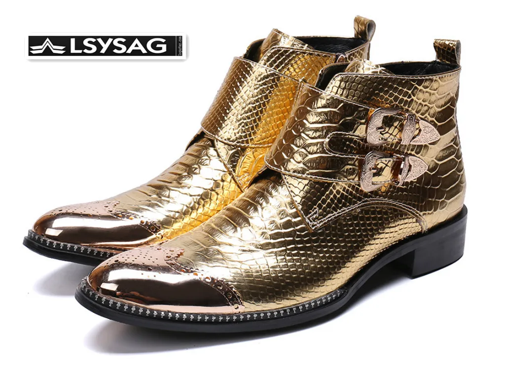 

New Designer Gold Genuine Leather Men Ankle Boots Bullock Carved Party Men Dress Boots Buckle Motorcycle Boots