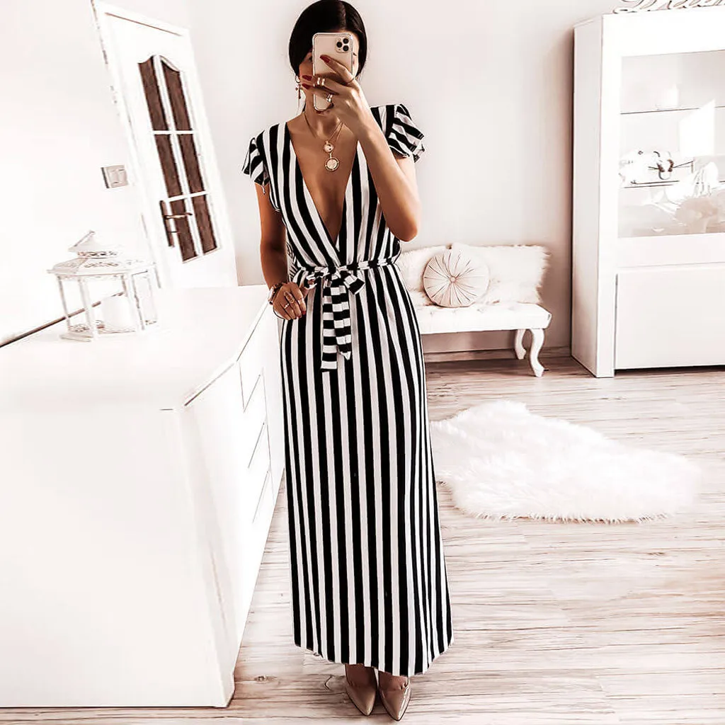 Summer Sexy Deep V-Neck Womens Maxi Dress Bandage Short Sleeve Stripe Print Casual Long Elegant Party Beach Female | Женская одежда