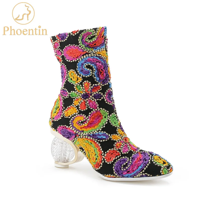 

Phoentin 2019 new retro woman boots colorful crystal heels 6.5cm zip fretwork fashion female mid calf shoes plus size 44 FT757