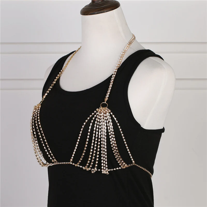Sexy Body Chain Bikini Bra Chain Sparkling Rhinestone Harness Body Jewelry for Women Beach Breast Bra Crystal Bralette NL280