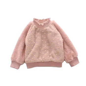 

2019 Winter Children Girls Long Sleeve Plus Velvet Thicken Sweatshirt Fashion Wood Ear Half-high Collar Mesh Patchwork Warm Tops