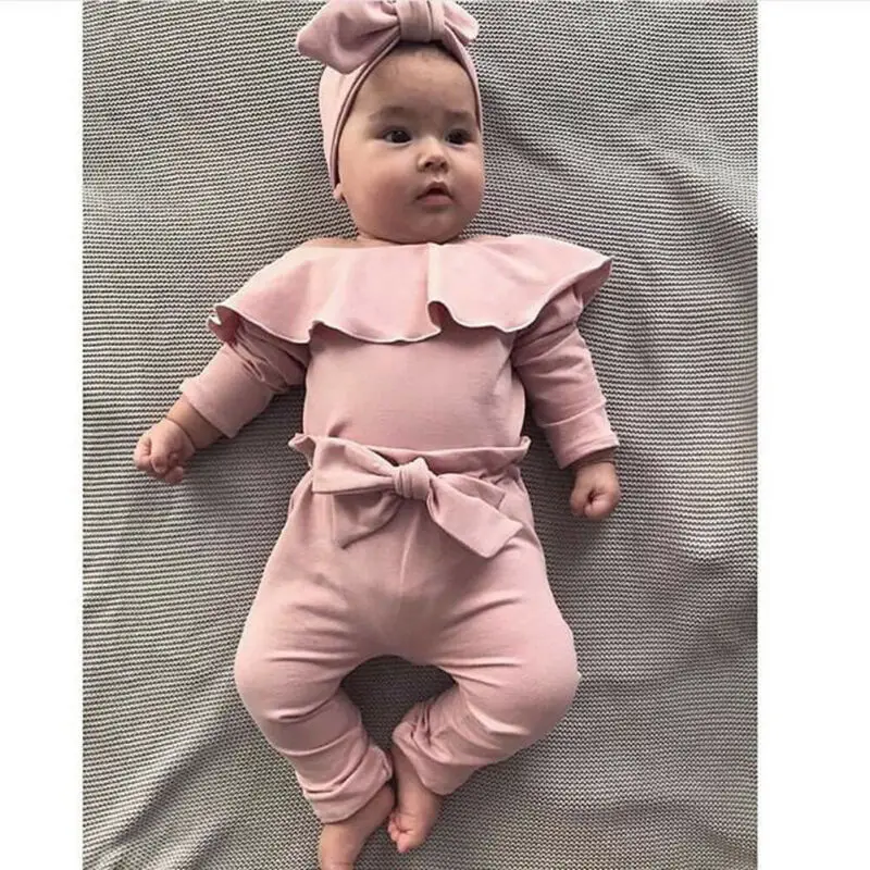 

0-2Y Toddler Newborn Infant Baby Girls Clothing Set Autumn Long Sleeve Romper + Bow Ruffles Pants Outfits Baby Girls Costumes