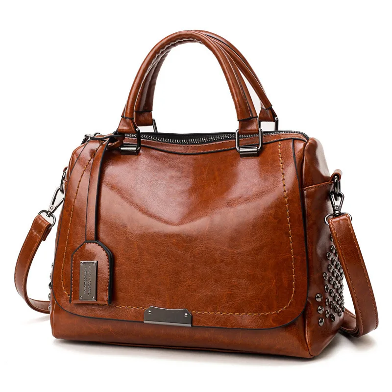 Bag Women's Foreign Trade WOMEN'S Europe And America Retro Handbag Oil Skin Rivet Shoulder Single-sh |
