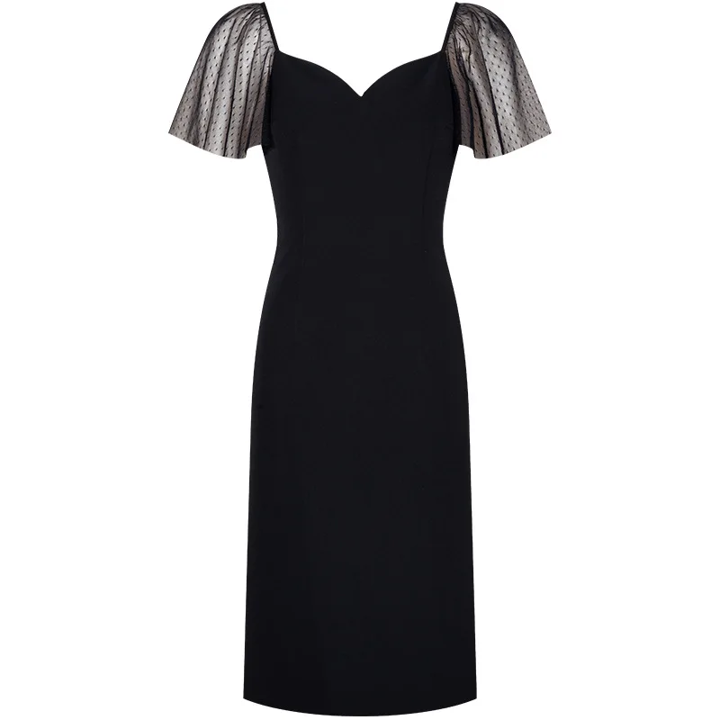 

HUAYIMENGYI Elegant Retro Pencil Slim High Split Black Dress Short Sleeve High Waist V Neck Sexy Backless Women Party Mid Dress