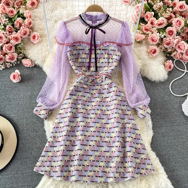 

Autumn Women Elegant Fashion A-line Plaid Lace Mesh Patchwork Dress Sweet Lantern Sleeve Princess Tulle Dresses