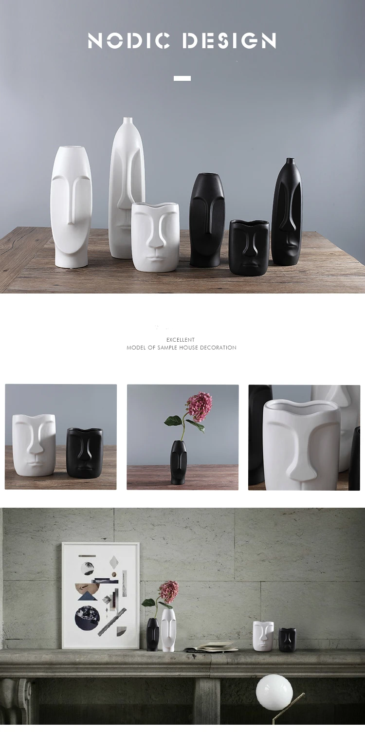 Nodic design black/white vase quality Matt simple human face decorative vase jar display room decorative figue head shape vase