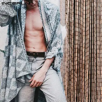 

INCERUN Men Fashion Long Sleeve Trench Coats Ethnic Print Casual Cardigan Vintage Social Windbreaker Loose Long Cloak Plus Size