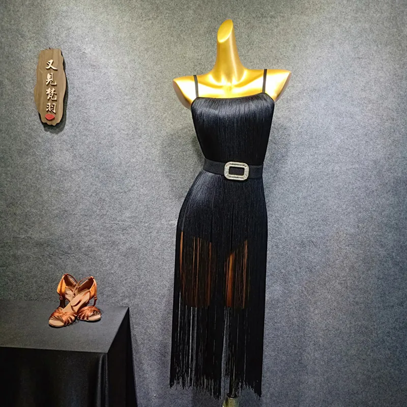 Year New Summer Tassel Lady Dance Dresses Strapless Black Color Dancer Latin Slim Sexy Women Dress Clothes - Цвет: Черный