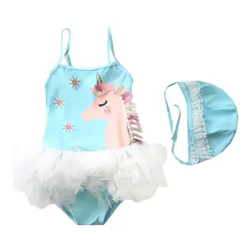 

DishyKooker 2Pcs/Set Girl Baby Swimwear Jumpsuit + Hat Cartoon Horse Sling Tulle Fast Dry Swimsuit for 1-6 Years