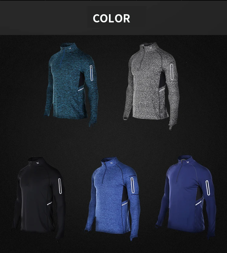 Running Shirt Men Zipper Pullover Madarin Collar Long Sleeve with Pocket Sports Active Wear for Gym Clothing Workout Shirt Male