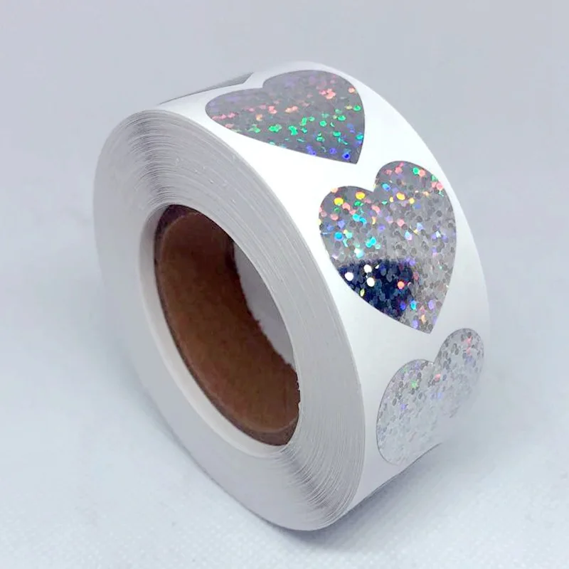 

Laser Heart Stationery Stickers 1'' Round Paper Adhesive Stickers Scrapbooking Party Handmade Seal Label Stickers 100 300 500pcs