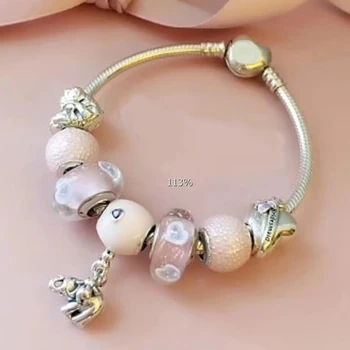

NEW 100% 925 Sterling Silver Love Heart Glass Bead 7 Charm Bead Bracelet Set Planet of Charm Astronaut Night Blue Love Charm