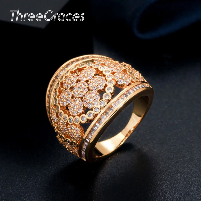 ThreeGraces, роскошное дубайское золото, цвет, кубический цирконий, камень, большой цветок, кольца на палец, свадебные ювелирные изделия для женщин, аксессуары RG108