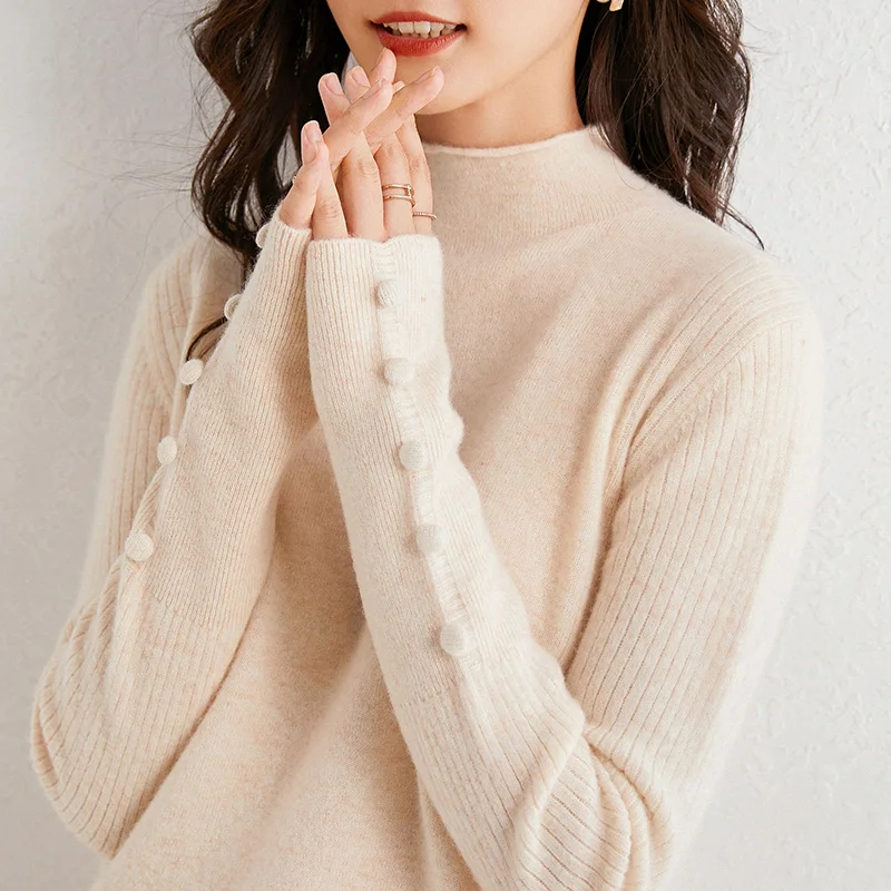 

Sparsil Autumn Winter Women Wool Sweaters New Style Button Pullovers Soft Warm Cashmere Knitted Elegant Casual Female Top Jumper