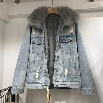 

Removable Natural Fox Fur Collar Rabbit Fur Lined Denim Jacket Women Winter Thick Warm Loose Vintage Blue Hole Jeans Coat Female