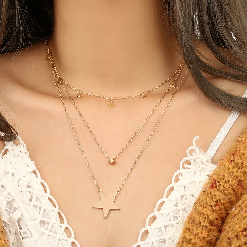 

New Women's Necklace Multilayer Clavicle Chains Simple Size Star Pendant Gold Color Necklace Crystal Geometric Necklace Jewelry