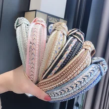 Novo grande trança bohemia hairbands para mulheres meninas brilhando pérola strass bandana aros de cabelo turbante adulto acessórios de cabelo