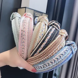 New Wide Braid Bohemia Hairbands for Women Girls Shining Pearl Rhinestone Headband Hair Hoops Turban Adult Hair Accessories