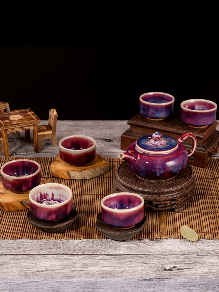 

High grade Jun porcelain teapot suit kungfu tea set household handmade ceramic teacup tea pot cup gift box Japanese teaware