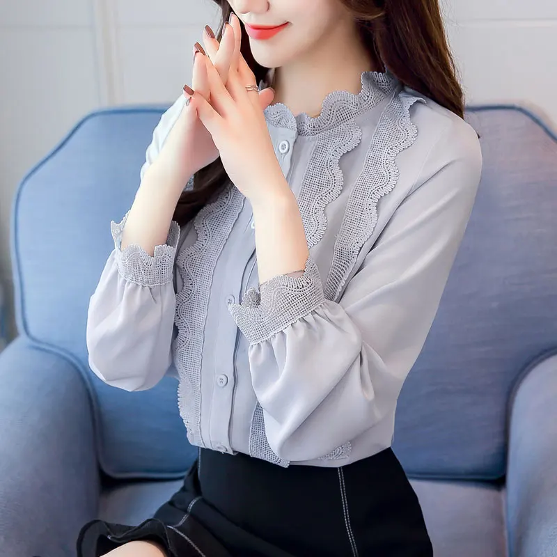

COIGARSAM Korea Style Shirt Womens tops New Spring Office Lady Lace Full Sleeve Chiffon Solid Loose Women shirts Pale Blue 6026