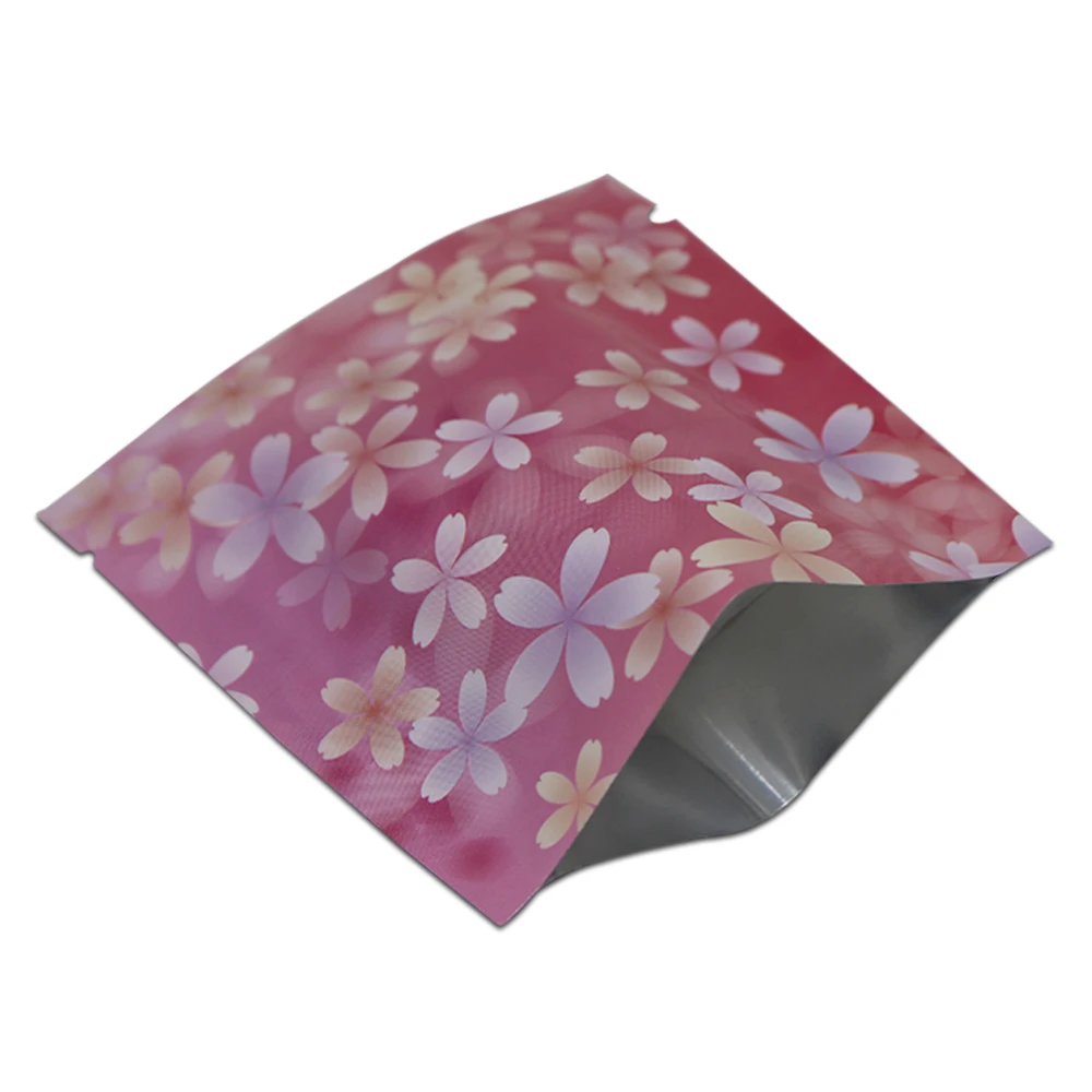 

500Pcs Multi-sizes Open Top Bag Aluminum Foil Bags Coffee Powder Package Bag Pink Flower Pattern for Christmas Party Smell Proof