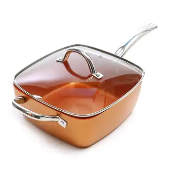 

Ceramic Non-Stick Pan Copper Square Pan Induction Chef Glass Lid Fry Basket Steam Rack 9.5 Inches Used In Induction