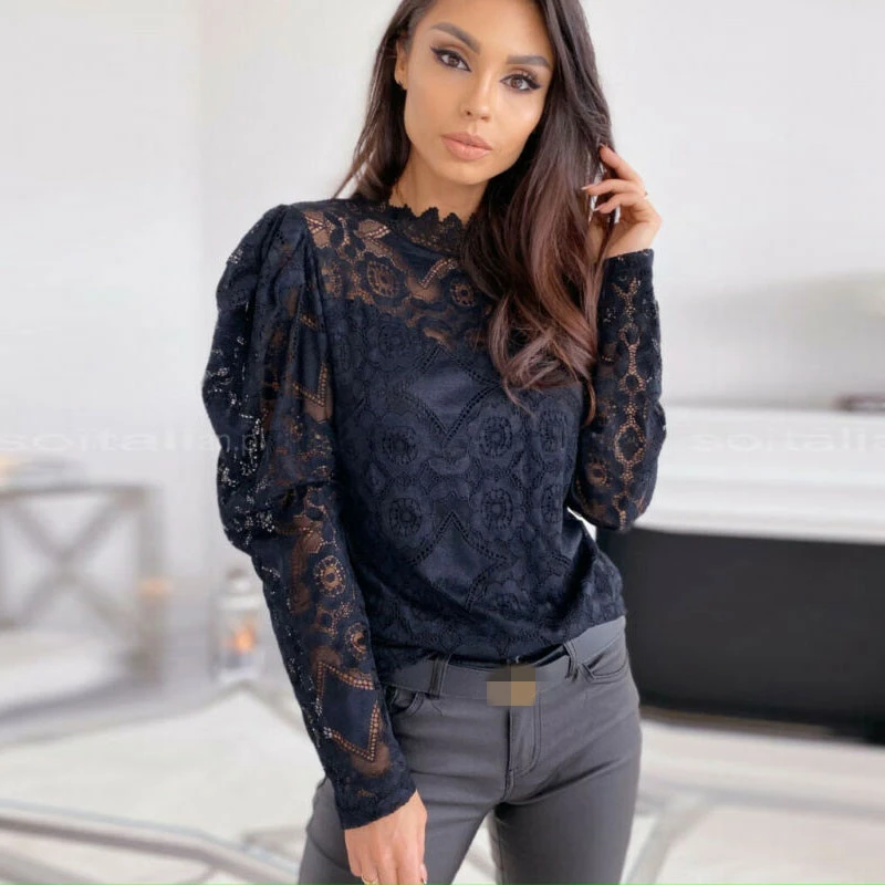Womens Blouses And Tops Hollow Lace Floral Long Sleeve Tops Blouse Pullover Shirts Basic Tee OL Shirt Women Blouses Shirts