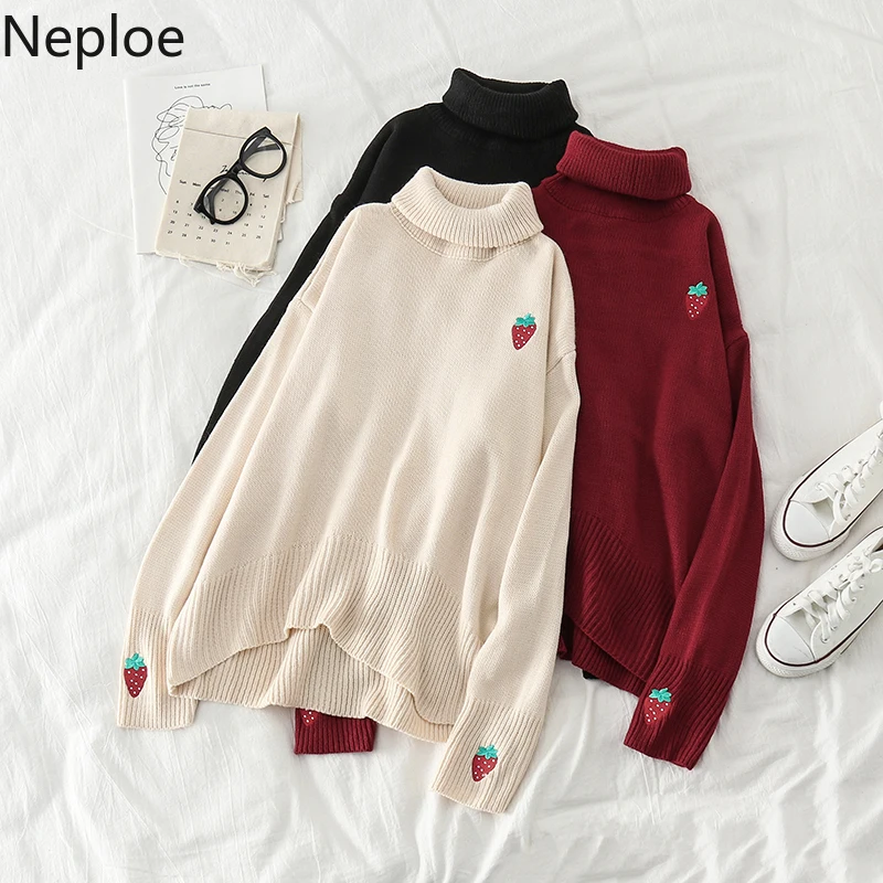Neploe Women Sweaters New Knitted Turtleneck Strawberry Embroidery Casual Loose Autumn Winter Pullover Jumpers 56197