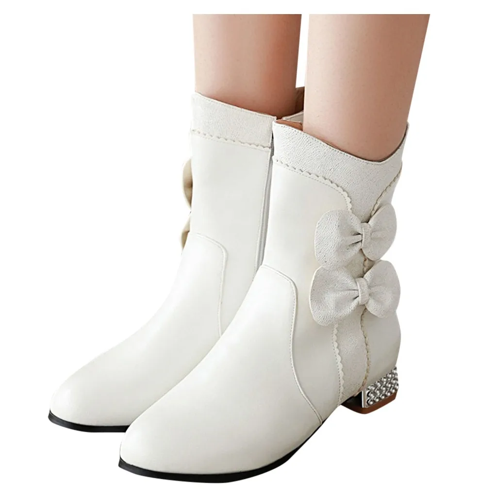 Зимние ботинки; женские ботильоны для женщин с милым бантом и кристаллами; Повседневная обувь; кожаные женские ботинки на платформе; bottes femme с острым носком - Цвет: Белый
