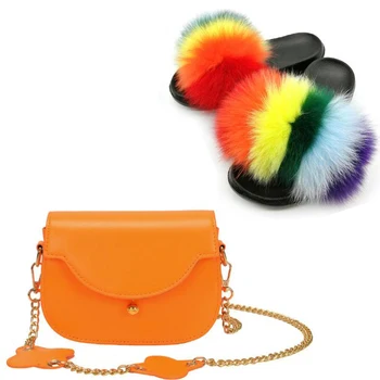 

Elegant Ladies Shoulder Bag Simple Wild Chain Bags Summer Fur Slippers Luxury Slides Casual Shoe Bag Set Fluffy Fur Sandals 2020