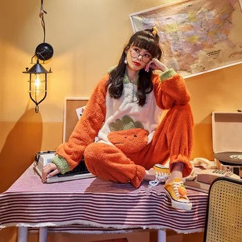 

Sweet Lolita Kawaii Cute Winter Flannel Pajama Set Womens Fleece Pajamas Sleepwear Thick Warm Coral Velvet Nightgown Suit Pajama