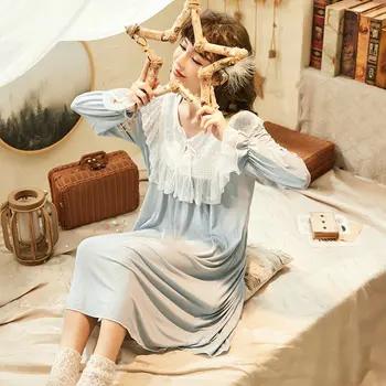 

Autumn New Sweet Nightdress Long-sleeve V-neck Lace Ruffle Lace-up Sleepdress Fashion Princess Homewear Soft Cotton Nightgown