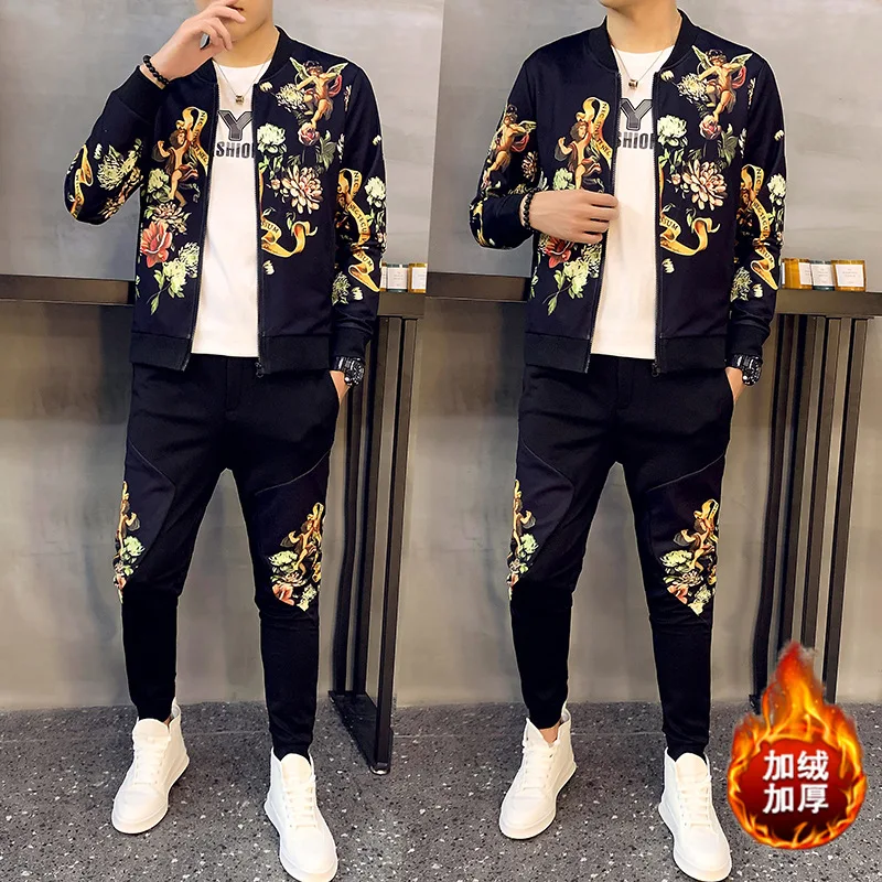 

2019 Winter New Style plus Velvet Jacket Sports Set Printed Jacket Deft Network Red Jacket Coat Men'S Wear
