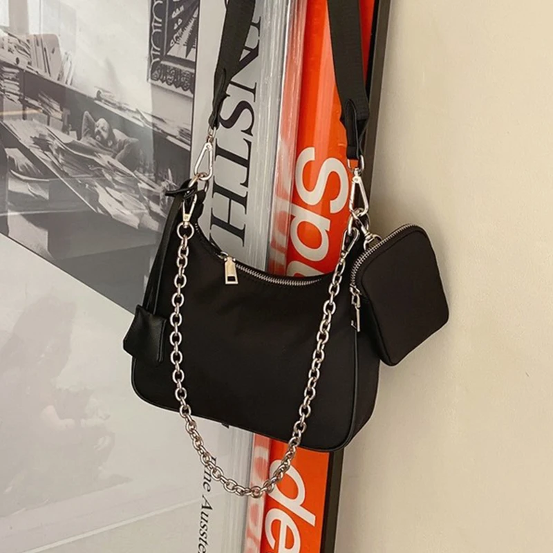 

Casual Chain Women Shoulder Bag Designer Nylon 2 Bags Set Crossbody Messenger Bag Lady Simple Wide Strap Women Bags Flap Female