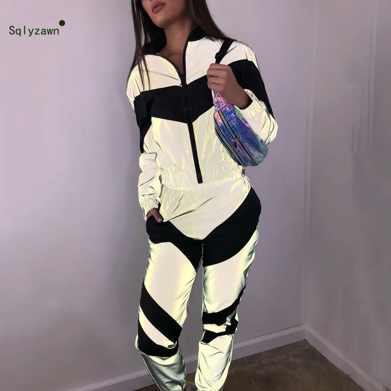 

Reflective Gray Sweat Two Piece Set Women Long Sleeve Jacket Jogger Pants Pink Black Autumn Track Suit Matching Biker Outfit