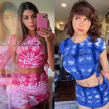 

Women Outfits Summer Print Drawstring Ruched Crop Top and Skirt Sets Sexy Long Sleeve Slim Party Tracksuits