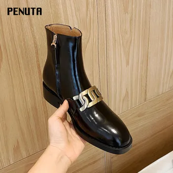 

2020 PENUTA Chelsea Boots Women Genuine Leather Black Boots Western Combat Boots For Women Fashion Chain Winter Shoes New D0143