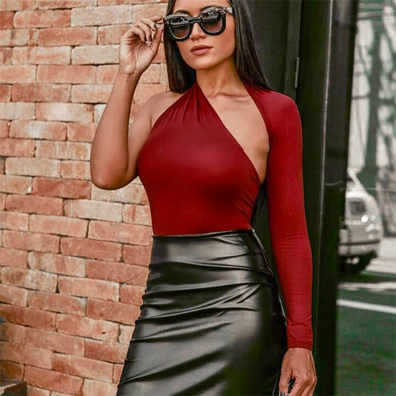 

Sexy One Shoulder Bodycon Bodysuit Asymmetrical Hollow Out Long Sleeve Playsuit Backless Button Romper