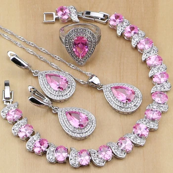 

Natural Water Drop Pink CZ 925 Sterling Silver Jewelry Sets For Women Wedding Earrings/Pendant/Necklace/Rings/Bracelet