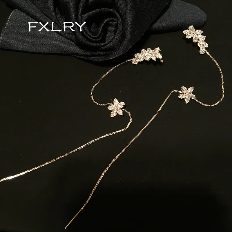 FXLRY Новая мода белый цвет микро-инкрустация Циркон маленький цветок уха линии цветок ухо длинные серьги-цепочки для женщин ювелирные изделия