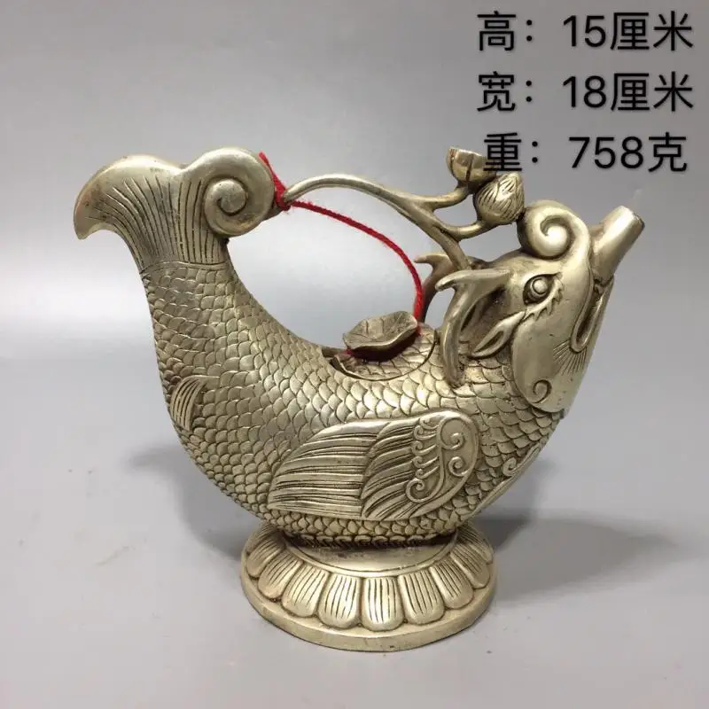 

Qianlong dynasty China White copper dragon fish teapot crafts statue kettle water tea pot Cupronickel pot desktop decoration