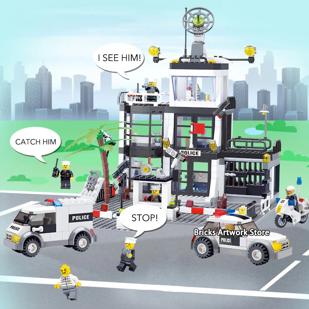 Fit городская серия-полицейский участок центральный офис Автомобиль Мотоцикл Мини фигурки Развивающие DIY строительные блоки игрушки для детей подарок