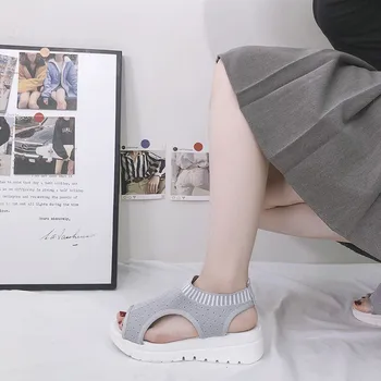 

COOTELILI 2020 Sandals Women Shoe Stretch Fabric 5cm Heel Summer Women Fashion Sandals Non-slip Basic Casual Sandals Mesh Cloth